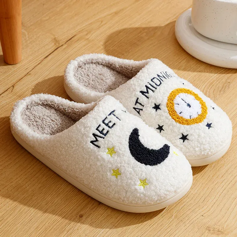 Color: WHITE, Shoe Size: 4.5 - Warm Slippers  Cushion Slides Meet Me At Midnight Soft Warm Comfort Flat Cozy Fuzzy Woman House Slippers Funny Shoes