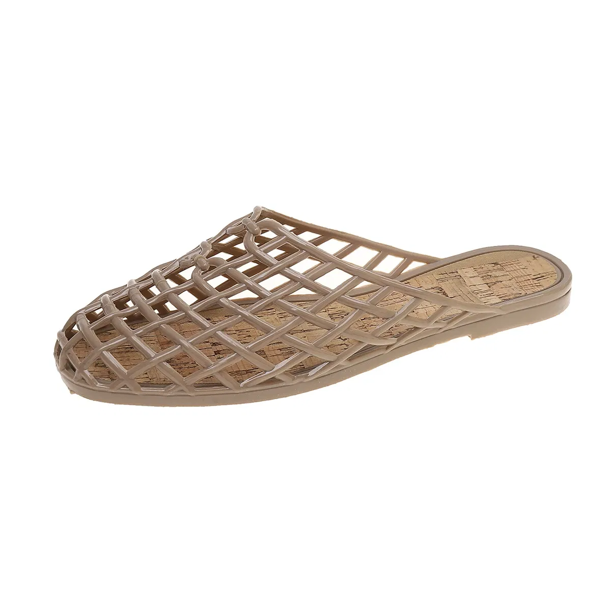 Color: Khaki, Shoe Size: 39 - Women's Shoes 2025 Summer New Mesh Woven Hollowed-out Breathable Head Slippers for Women's Toe Wedge Sandals Zapatos De Mujer