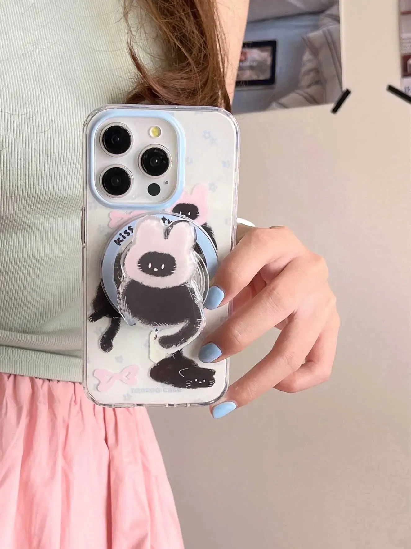Color: Blue, Material: PC + TPU - Cute Black Cat, Pink Bow, Blue Flower Magnetic Card Holder Phone Case for IPhone 13 14 15 Pro Max 13Pro 16ProMax 14Pro 15Pro 12