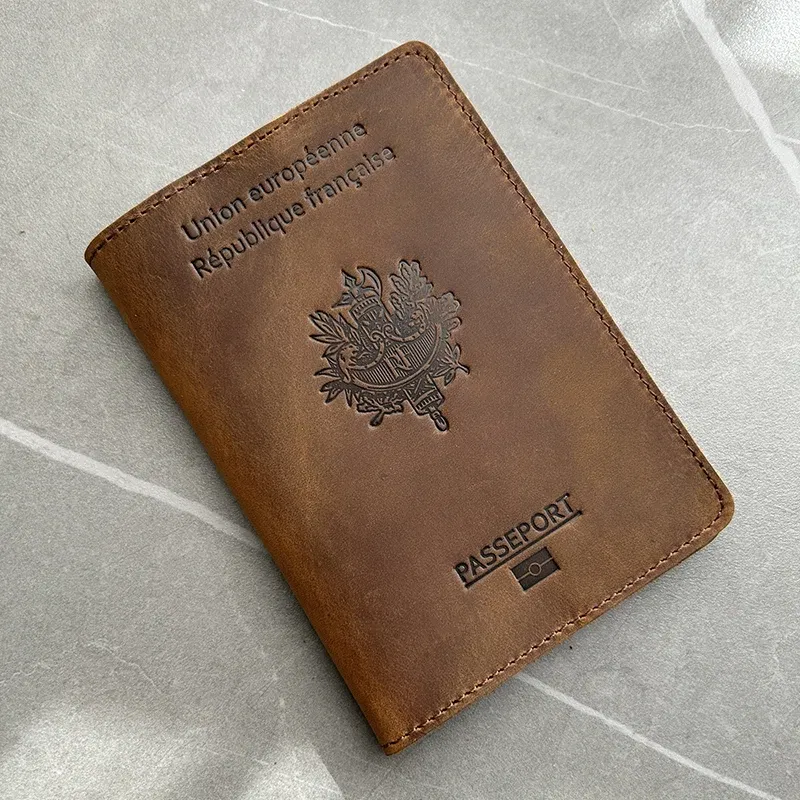 Color: Brown - Francais Passport Cover Genuine Leather with Original French Logo | 100% Real Leather Travel Document Holder for Men Women Gift