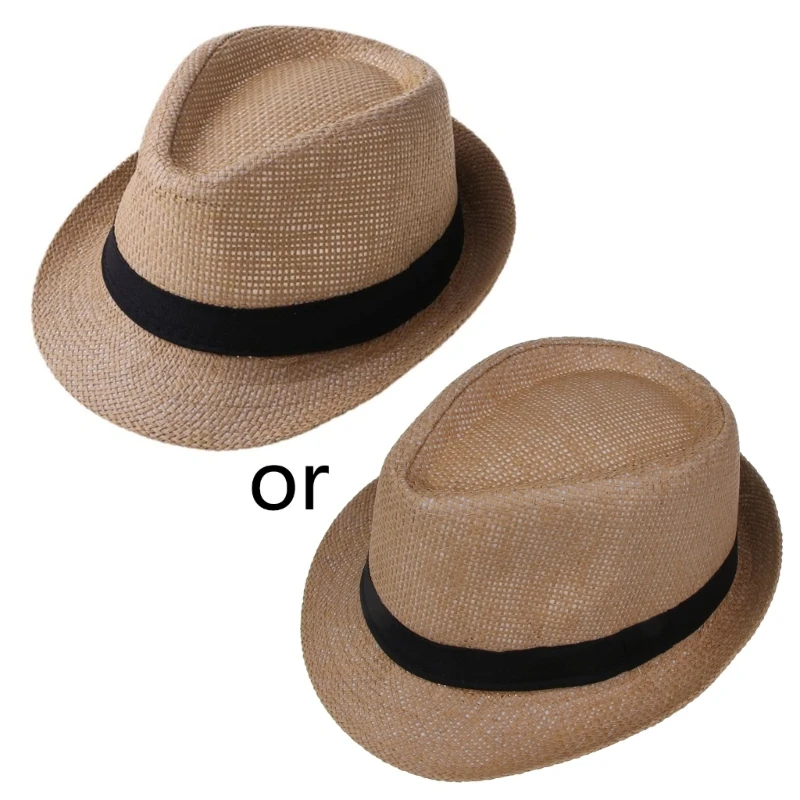Color: Brown - Children Kids Summer Beach Straw Hat Panama Breathable Hat Large Brim Outdoor Breathable Hats Girls Boy Sunhat