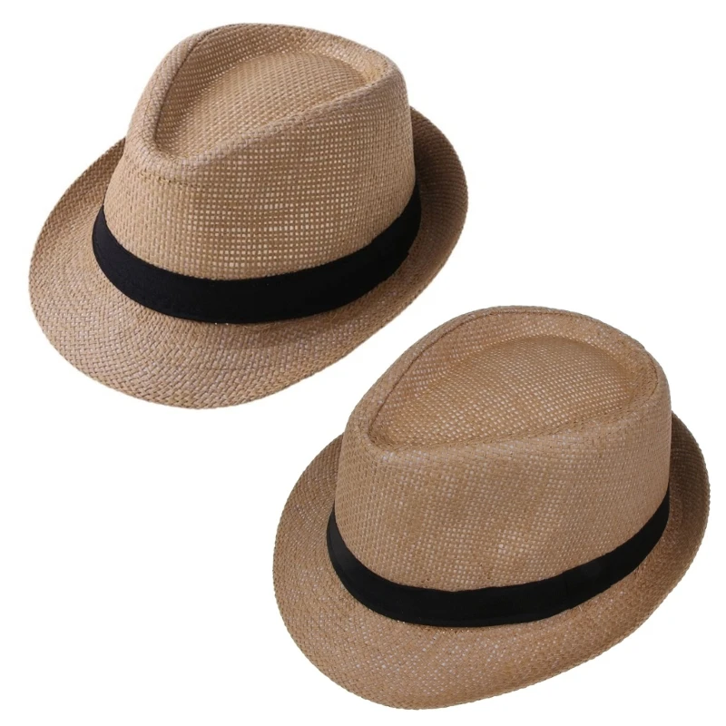 Color: Brown - Children Kids Summer Beach Straw Hat Panama Breathable Hat Large Brim Outdoor Breathable Hats Girls Boy Sunhat