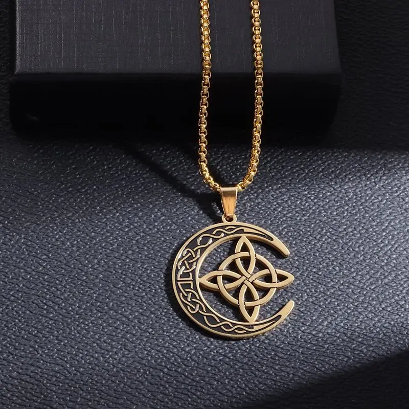 Metal Color: green - Stainless Steel Silver Color Pattern Witch Knot Pendant Necklace Celtic Knot Lucky Jewelry Gift for Friends Family