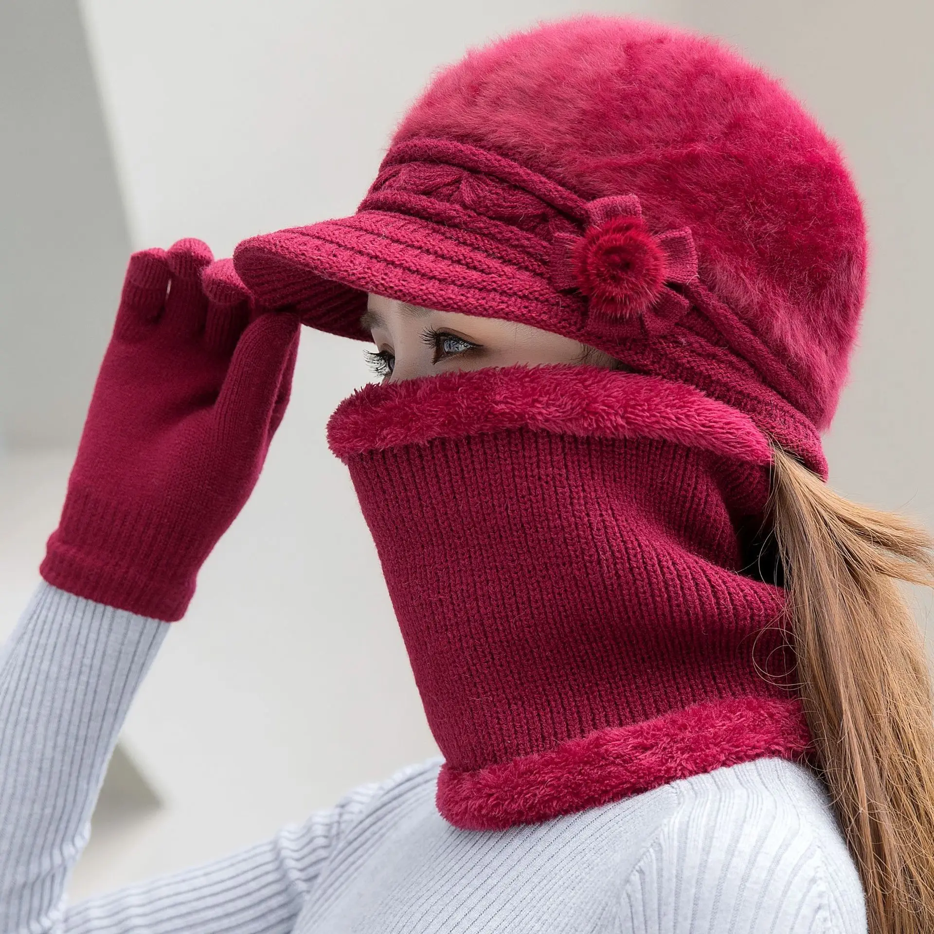 Color: SKY BLUE - New Women Winter Hat Keep Warm Cap Add Fur Lined Hat & Scarf Warm Set Fashion Hat For Women Casual Faux Fur Flower Knitted Hat
