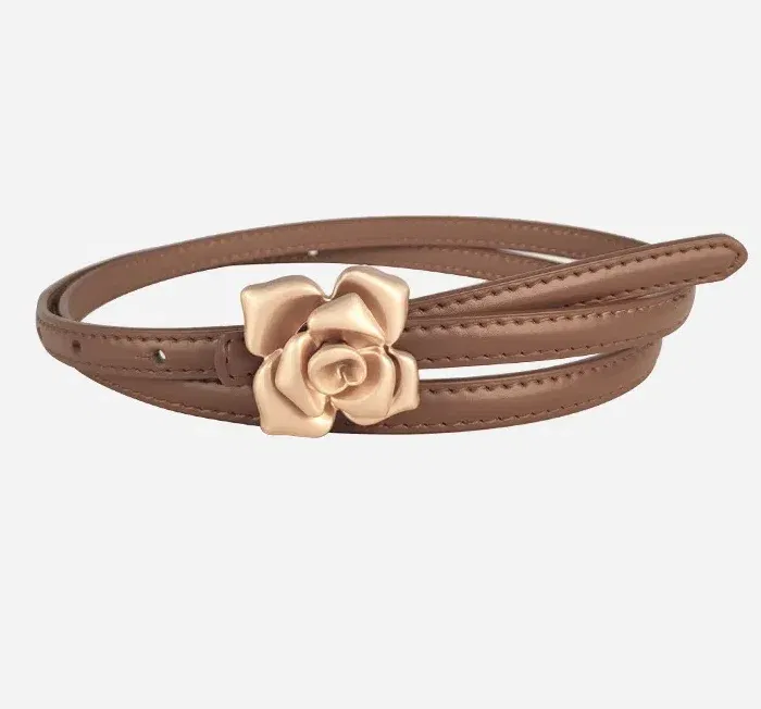 Color: Dark Grey, Belt Length: 105CM - 1.0cm New Unique Rose Genuine Leather Gold Belt Women Fashion Cowskin Flower Thin Belts Female Jeans Dress Waistband