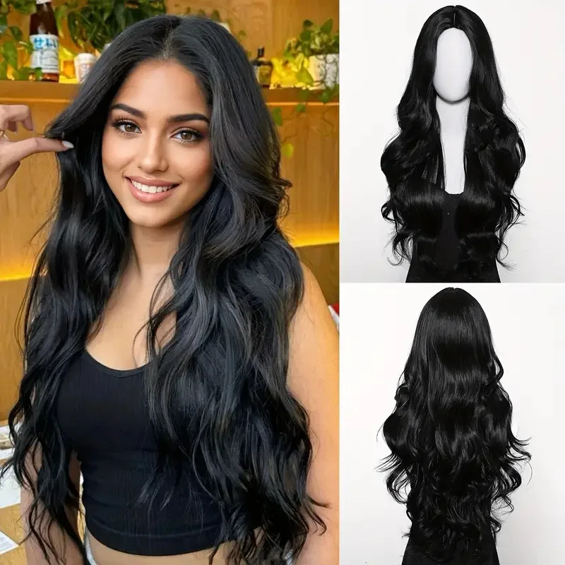 Color: #8 - Black synthetic wig with middle-parted long hair and big waves for party or daily use. High-temperature synthetic hair cap.