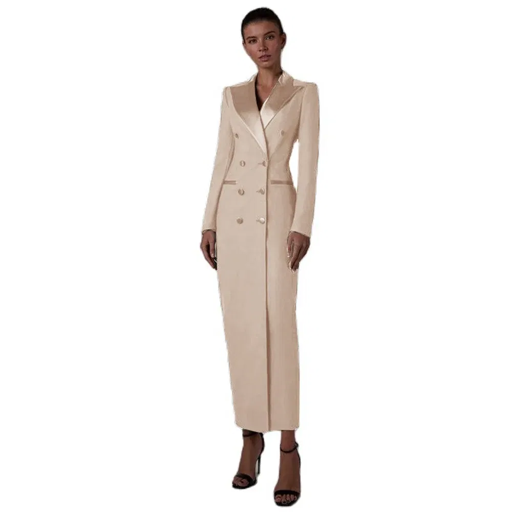 Color: Beige, Size: 4XL - Women's Suit Long Jacket One Piece Blazer Double Breasted Formal Tuxedo Party Dress кос?‚юм ?¶?µнский