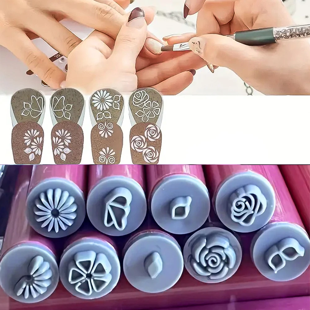 Color: Beige - 4/6/10pcs Pink Nail Art Stamp Pen Nail Art Stamp Pen Handicraft Nail Art Flower Stamp Nail Diy Graffiti Stamp Pen Dotting Tools