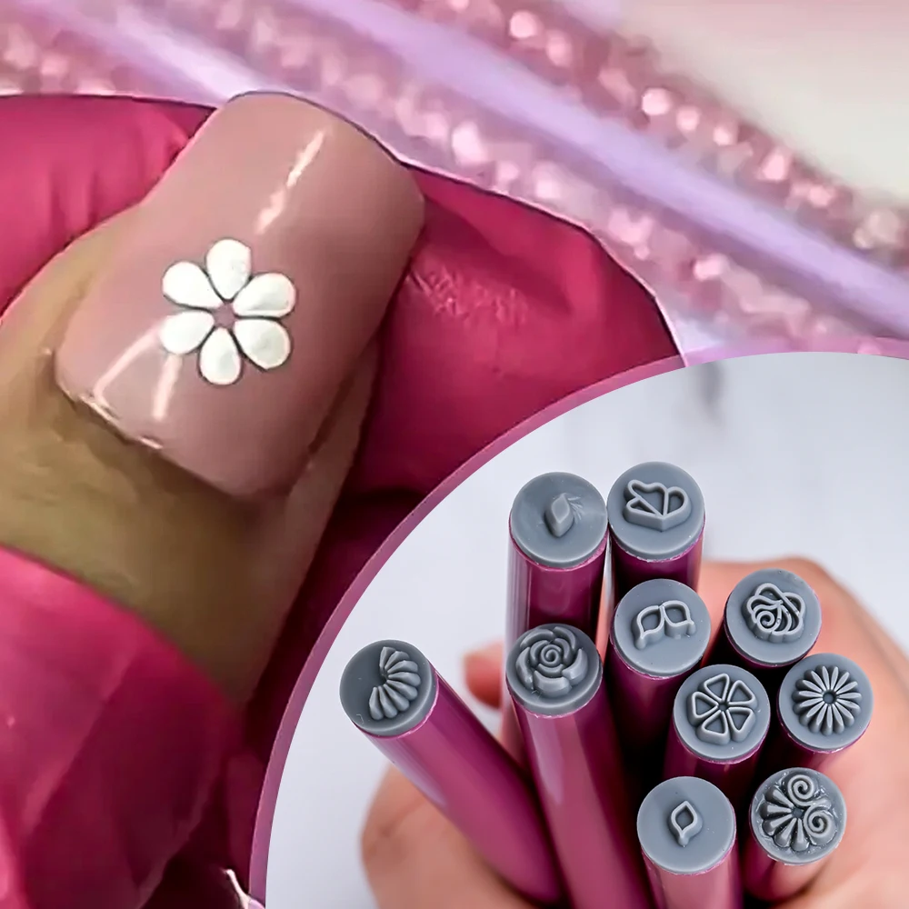 Color: Beige - 4/6/10pcs Pink Nail Art Stamp Pen Nail Art Stamp Pen Handicraft Nail Art Flower Stamp Nail Diy Graffiti Stamp Pen Dotting Tools