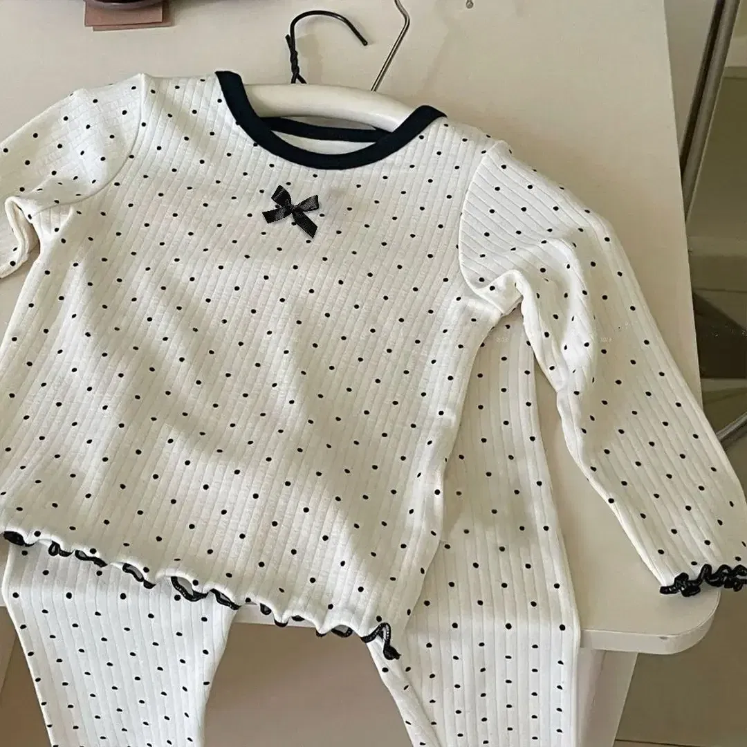 Color: Beige, Kid Size: 4T - Korean Girls' Loungewear Set - Dot Bow Pajamas & Soft Cotton Homewear | Fall Toddler Outfit Toddler Girl Clothes