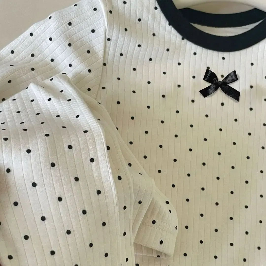 Color: Beige, Kid Size: 4T - Korean Girls' Loungewear Set - Dot Bow Pajamas & Soft Cotton Homewear | Fall Toddler Outfit  Toddler Girl Clothes