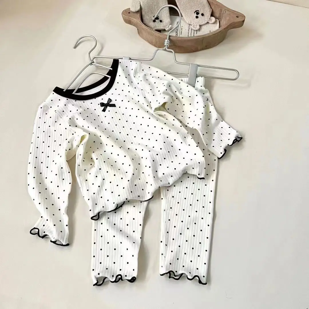 Color: Beige, Kid Size: 4T - Korean Girls' Loungewear Set - Dot Bow Pajamas & Soft Cotton Homewear | Fall Toddler Outfit Toddler Girl Clothes