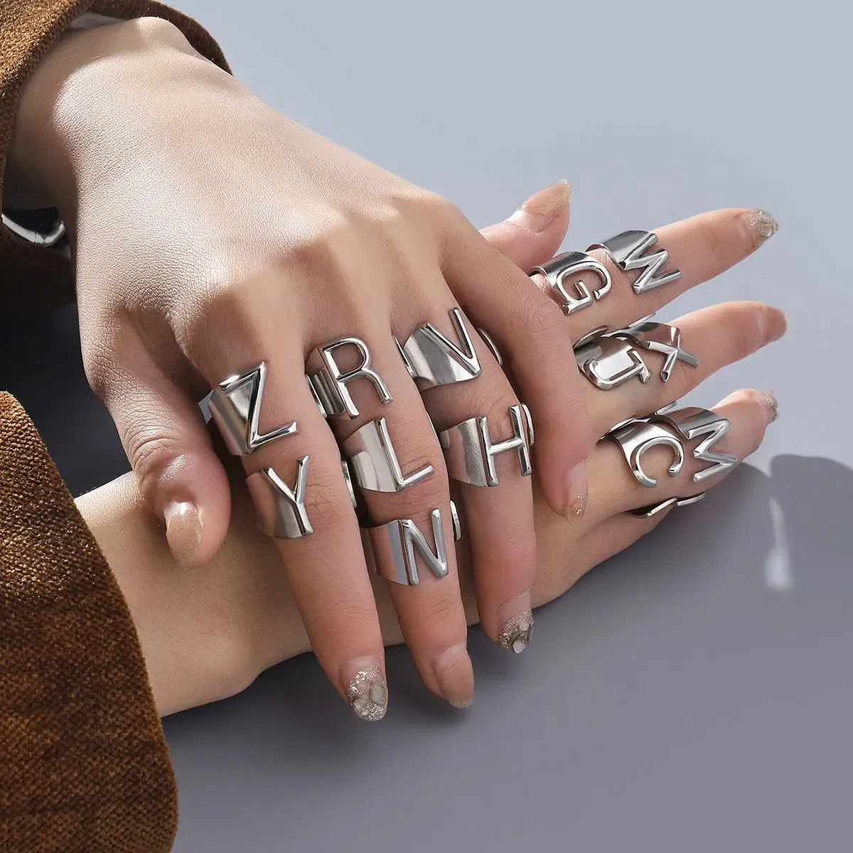 Metal Color: Green, Ring Size: resizable - LAViXMIA Alphabet A-Z Letter Never Fade Stainless Steel Rings Women Jewelry Fashion Initial Ring Adjustable Size Birthday Gifts