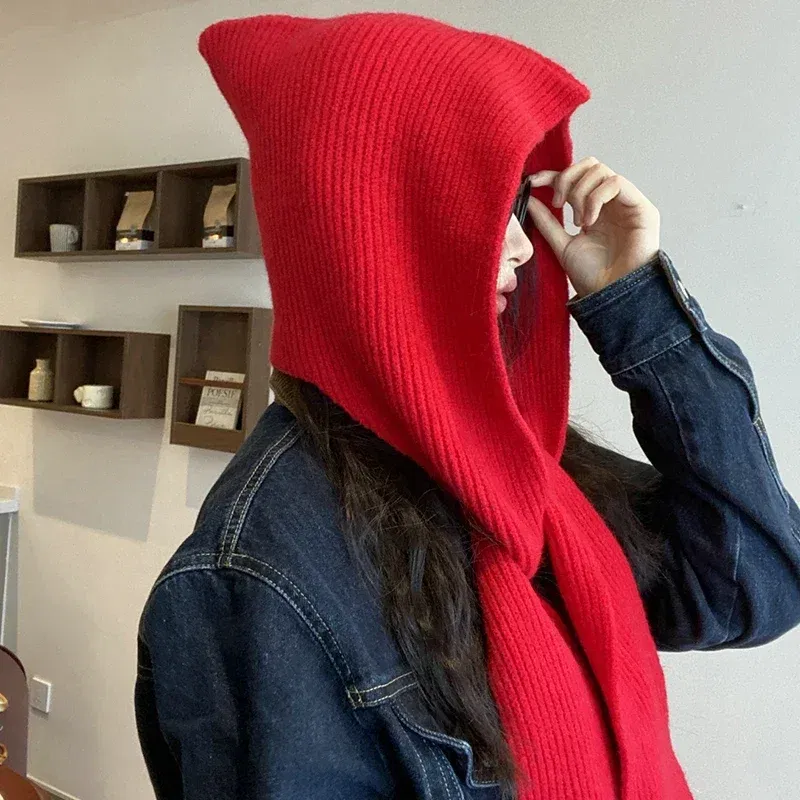 Color: Red, Size: One Size - Big Knitted Hat Beanies Cap for Men&Women Winter Warm Unisex Hooded Hat Neck Collar Scarf Cap Ski Cold Hat Balaclava Caps Bonnet