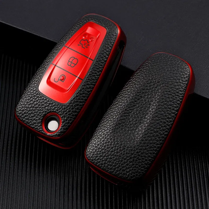 Color Name: Silver - Leather TPU Car Key Case Cover for Ford Ranger C-Max S-Max Focus Galaxy Mondeo Transit Tourneo Custom Auto Key Holder Keychain