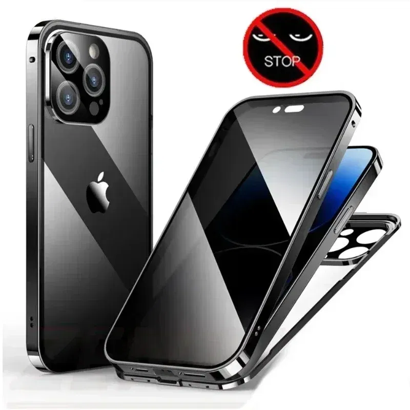 Color: Beige, Material: PVC - Double-Sided Privacy Magnetic Case For iPhone 16 12 13 14 15 11 Pro Max 14 Plus 16 Plus Anti Peeping Full Cover Metal Frame Case