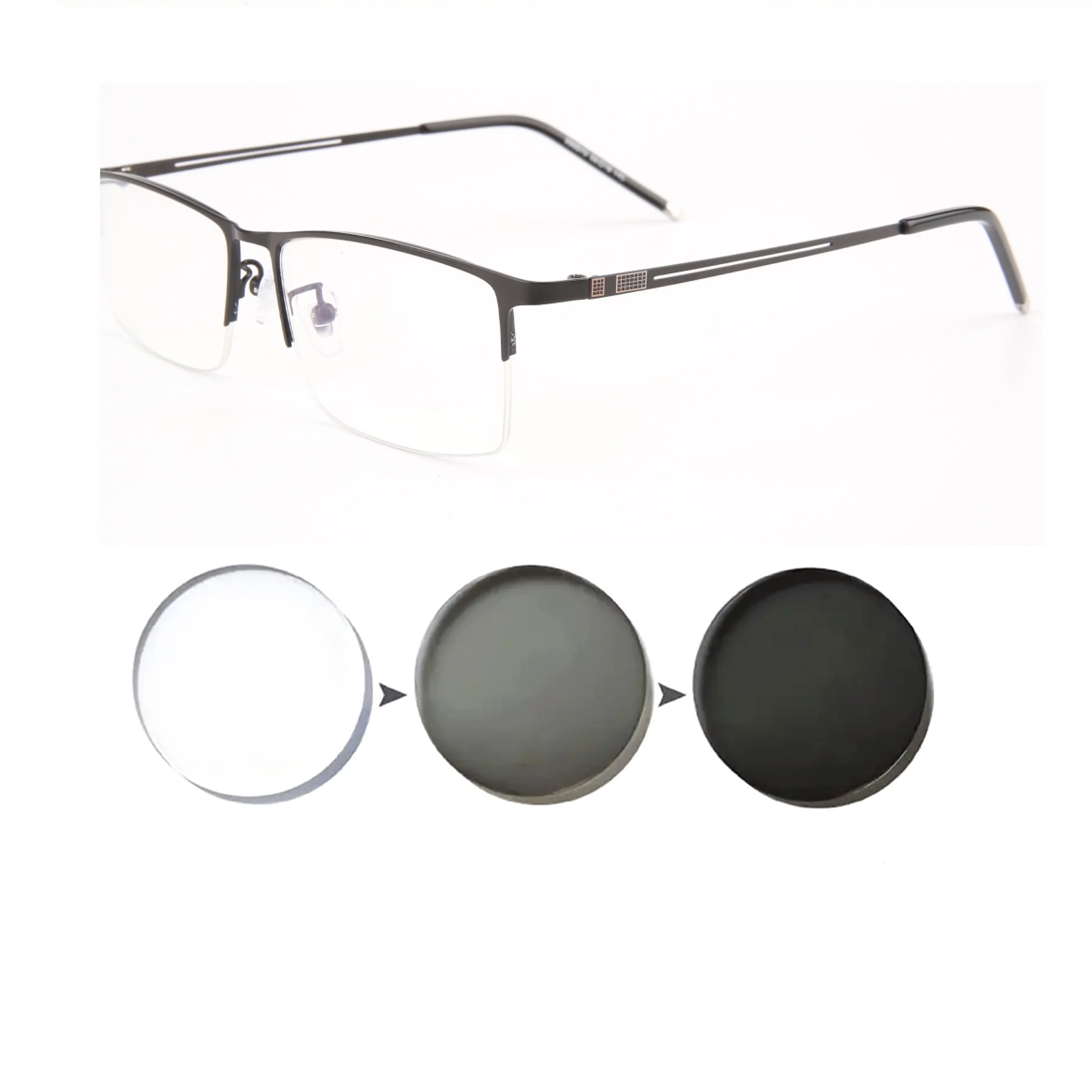 Frame Color: black, Eye Prescription: +350 - Sun Photochromic Finished Myopia Glasses Women Men Metal Half Frame Chameleon Short-sight Eyewear0 -0.5 -0.75 -1.0 To -6.0