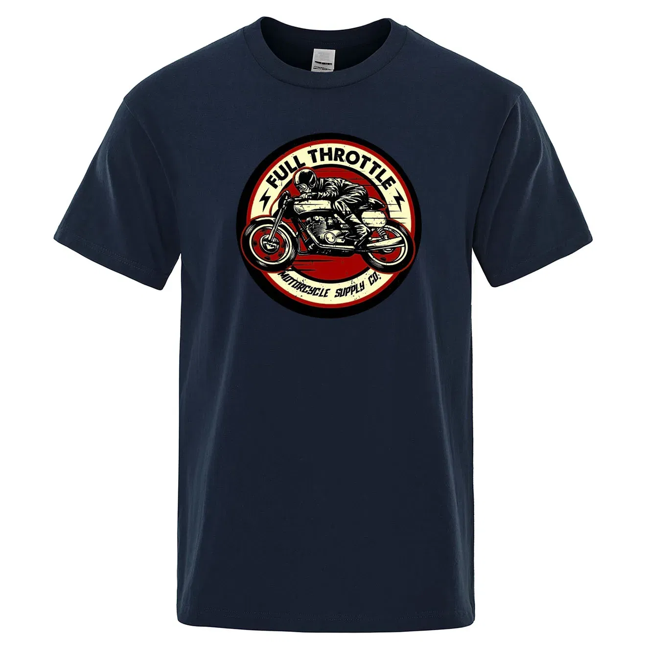 Color: Navy Blue, Size: XXXL - Full Throttle Cafe Racer Rockabilly Biker Printed T-Shirt Men Fashion Casual Short Sleeve Loose Cotton Tshirt Summer Loose Tees