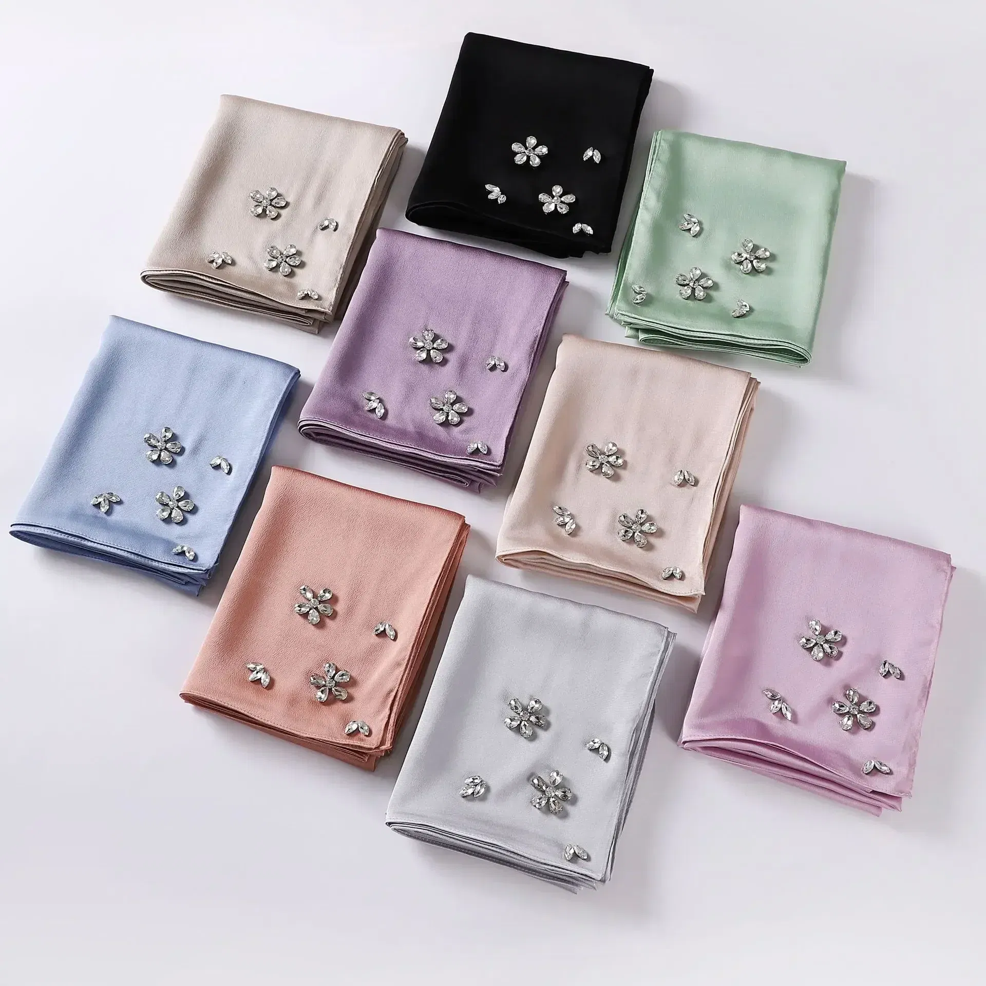Color: dusty camel - New Designers Diamonds Satin Hijab Chiffon Scarf Women Luxury Silk Scarves Woman Turban Silk Scarfs for Women Bandana Headband