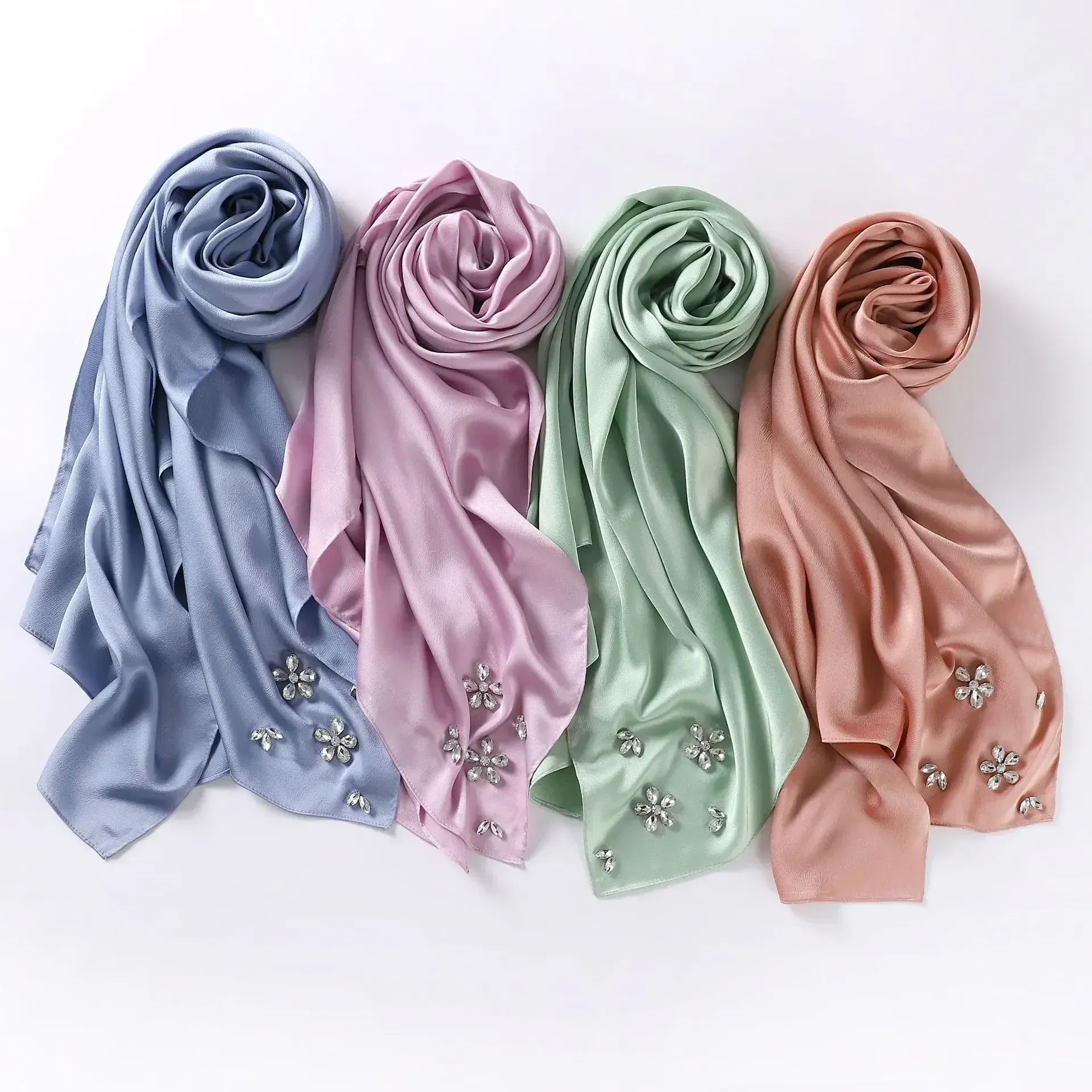 Color: dusty camel - New Designers Diamonds Satin Hijab Chiffon Scarf Women Luxury Silk Scarves Woman Turban Silk Scarfs for Women Bandana Headband