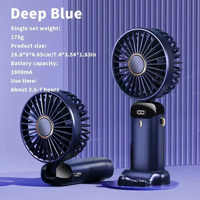 Color: Blue - Handheld Mini Fan 3000mAh Foldable Portable Neck Hanging Fans 5 Speed USB Rechargeable Fan with Phone Stand and Display Screen