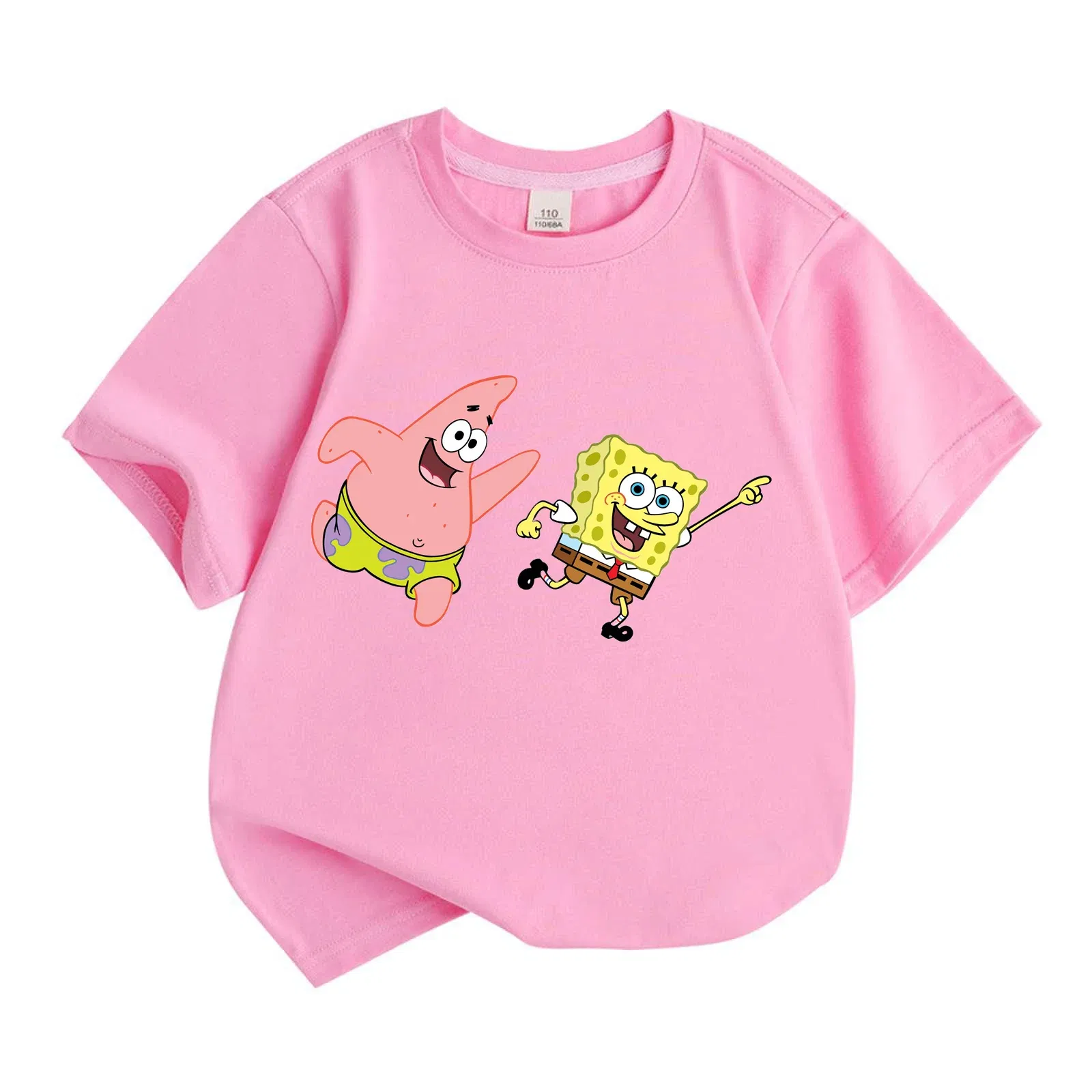 Color: Pink, Kid Size: 3T - Mr. Krabs Squidward Sandy Spongebob T-shirt 100%Cotton Children Round Neck Short-sleeved Boys Girls Fashion Kids Clothes