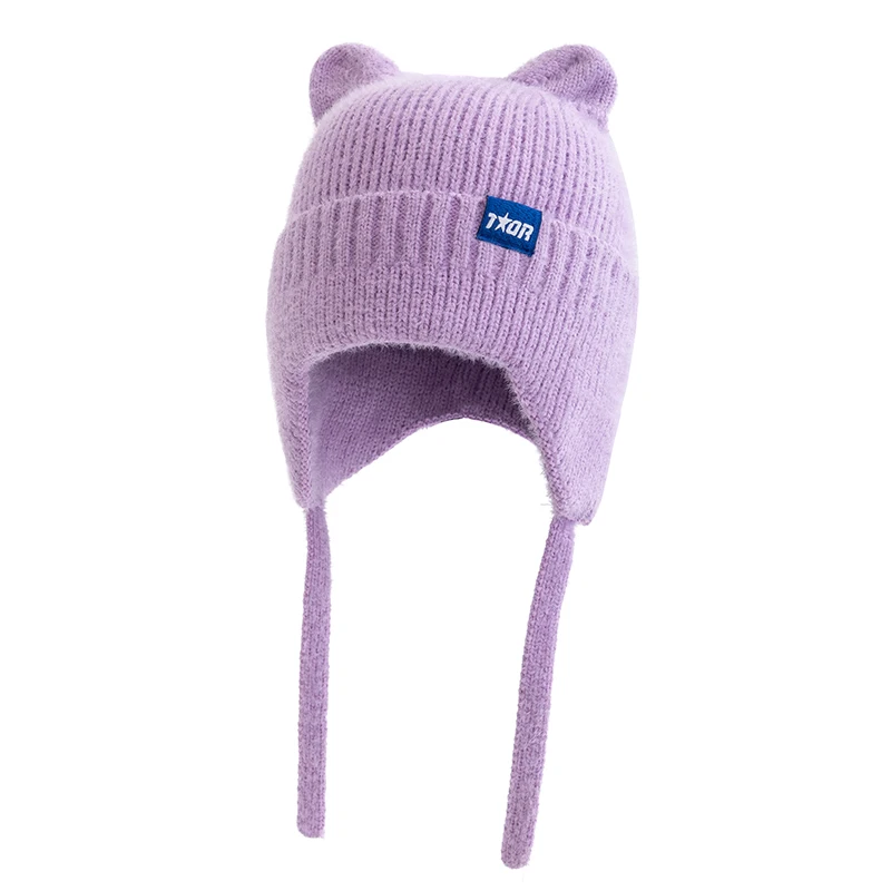 Color: Denmark Oak, Size: One Size - New Women Cute Cat Ear Earflap Winter Hat Fashion Windproof Knitted Hat Kpop Style Soft Beanie Hats Candy Colors Streetwear Cap