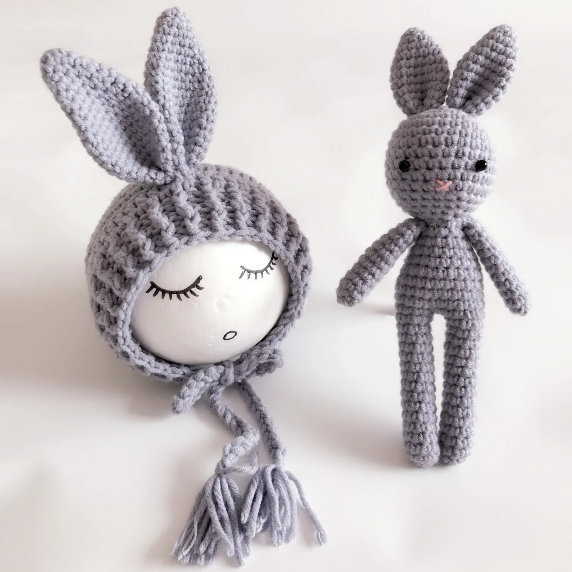 Color: Khaki - Newborn Photography Props Posing Doll Handmade Woolen Bunny Doll Cap Bear Cartoon Toy Baby Photoshoot Prop Accessorie Fotografia