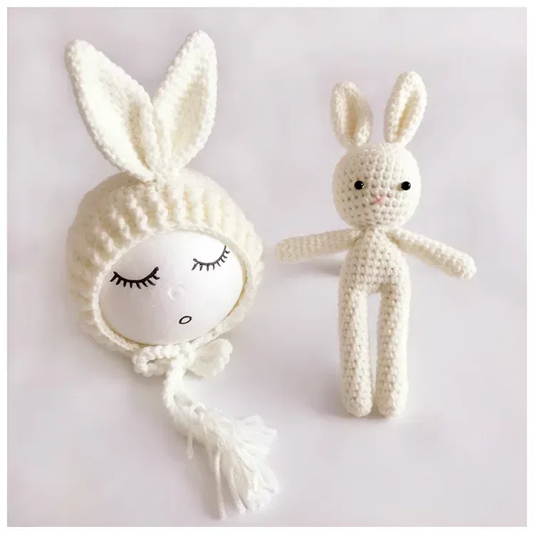 Color: Khaki - Newborn Photography Props Posing Doll Handmade Woolen Bunny Doll Cap Bear Cartoon Toy Baby Photoshoot Prop Accessorie Fotografia