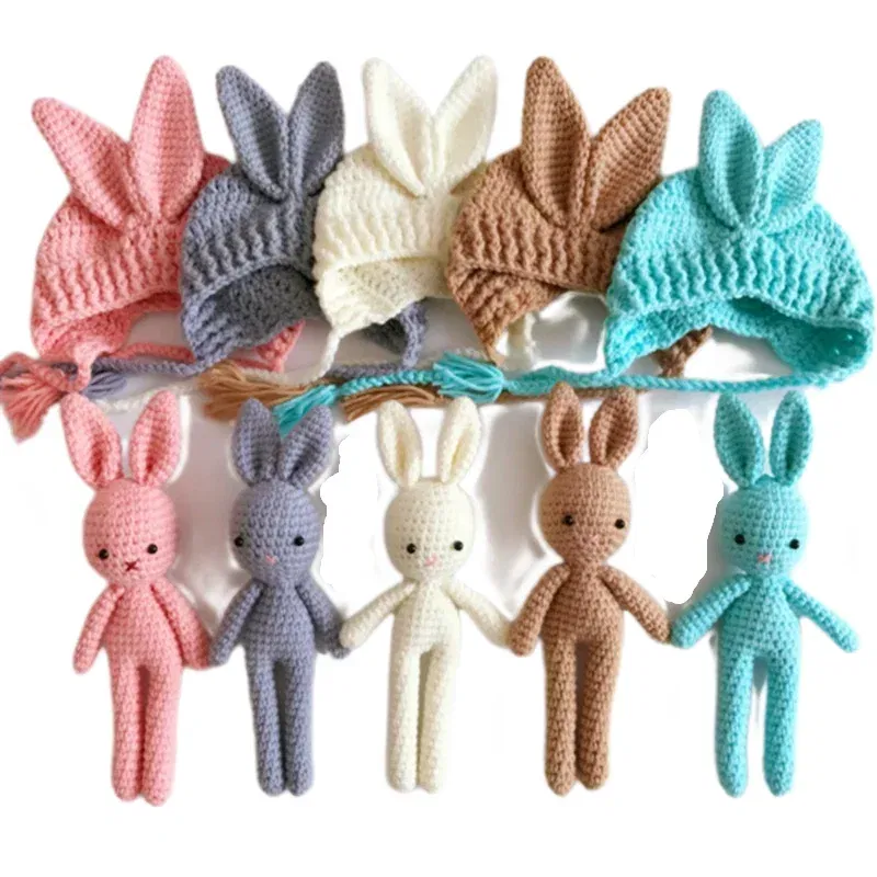 Color: Khaki - Newborn Photography Props Posing Doll Handmade Woolen Bunny Doll Cap Bear Cartoon Toy Baby Photoshoot Prop Accessorie Fotografia
