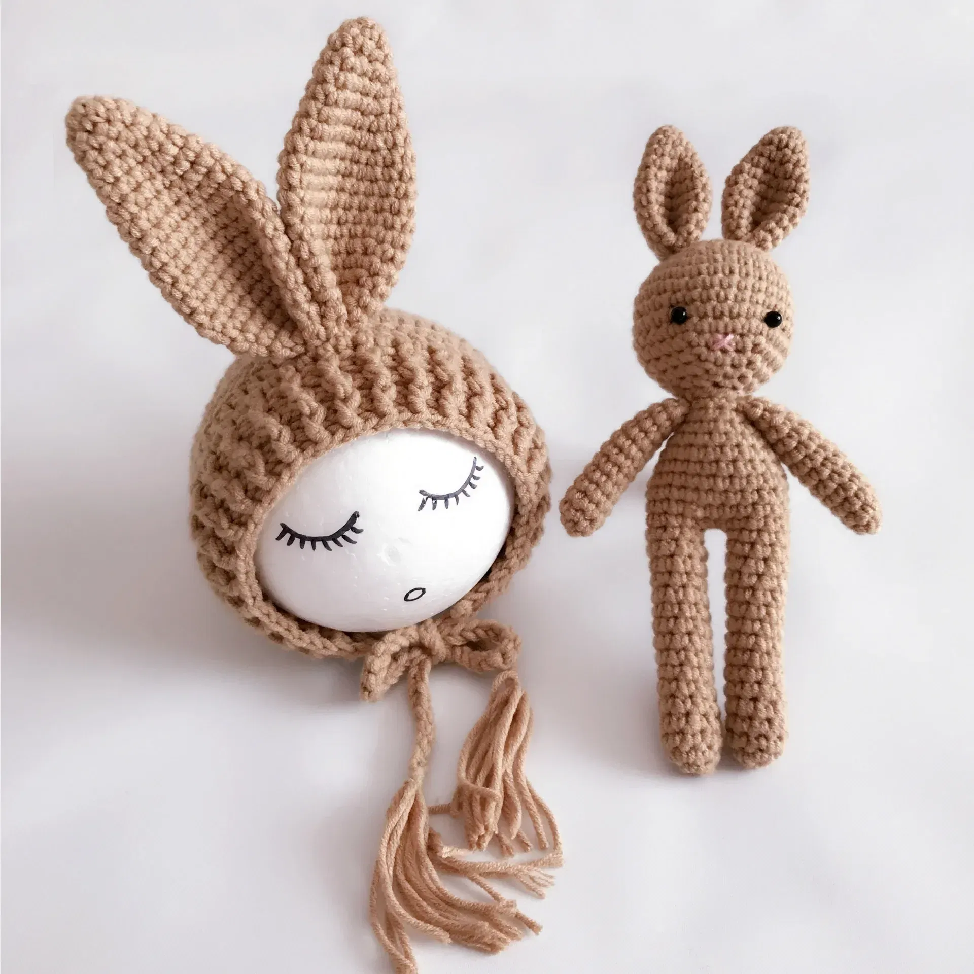 Color: Khaki - Newborn Photography Props Posing Doll Handmade Woolen Bunny Doll Cap Bear Cartoon Toy Baby Photoshoot Prop Accessorie Fotografia