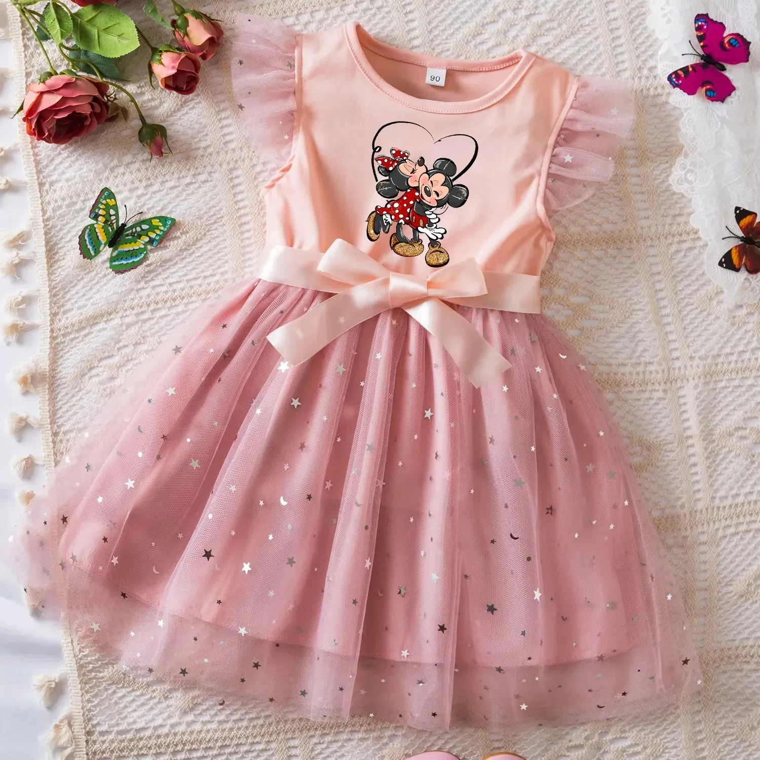 Color: army green, Size: XS - Mickey Minnie Mouse Girls Summer Clothes Flying Sleeves Bow Sequin Dress 2-6Y Kid Birthday Tutu Princess Dress for Baby Girl