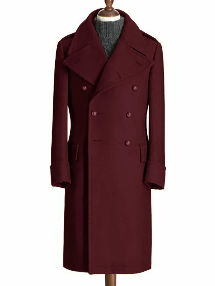 Color: Burgundy, Size: 4XL - Windbreak Men's Jacket Wool Long Coat Lapel Double Breasted Men's Trench Coats Windbreakers Jackets Man Winter 2023 Martens Male