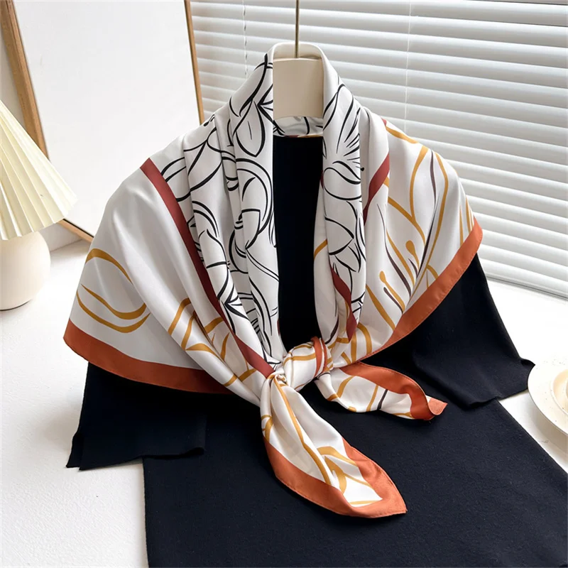 Color: Brown, Size: One Size - 2024 Luxury New Retro Printed Silk Scarf 90cm Twill Silk Scarf Lotus Fashion Large Square Scarves Sunscreen Shawl Headscarf