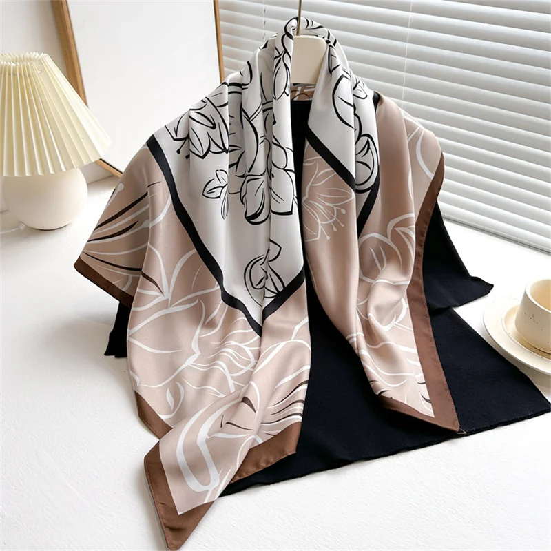 Color: Brown, Size: One Size - 2024 Luxury New Retro Printed Silk Scarf 90cm Twill Silk Scarf Lotus Fashion Large Square Scarves Sunscreen Shawl Headscarf