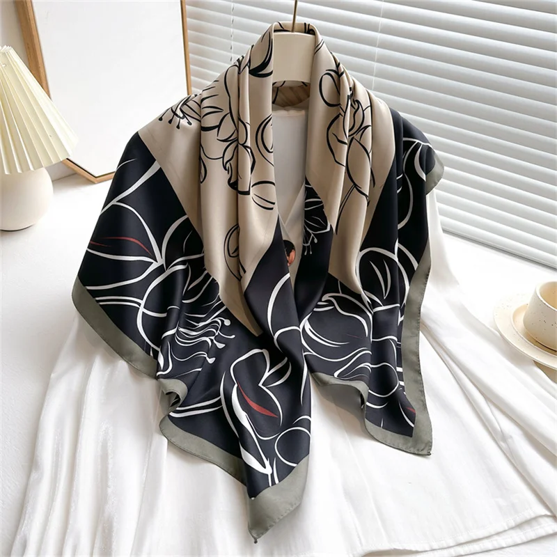 Color: Brown, Size: One Size - 2024 Luxury New Retro Printed Silk Scarf 90cm Twill Silk Scarf Lotus Fashion Large Square Scarves Sunscreen Shawl Headscarf