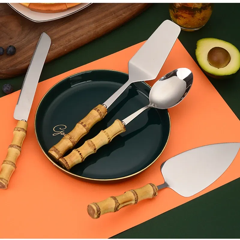 Color: Dark Khaki - Nature Bamboo Pizza Cake Shovel Triangular Spatula Set Steel Stainless Cheese Slicer Cutter Knife,Butter Knife