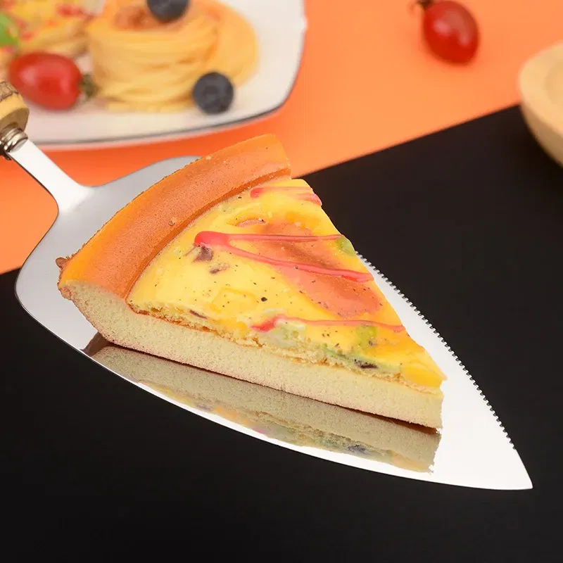 Color: Dark Khaki - Nature Bamboo Pizza Cake Shovel Triangular Spatula Set Steel Stainless Cheese Slicer Cutter Knife,Butter Knife