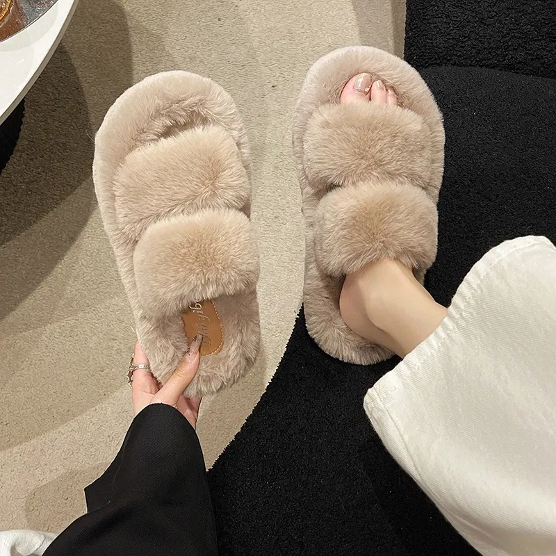 Color: light yellow, Shoe Size: 36 - New Winter Open Toe Slipper Fur Thick Sole Flats Heel Ladies Casual Slip On Bedroom Shoes Soft Outdoor Fashion Fur Slippers