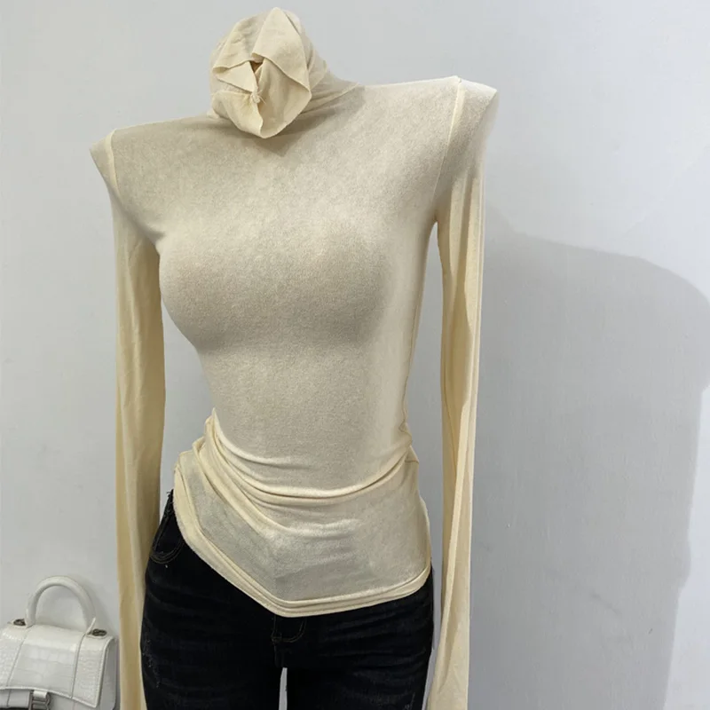 Color: APRICOT, Size: One Size - Thin Soft American Long Sleeve T-shirt High Stacked Neck Tight Perspective Bottom Shirt Women's Slim Fit Tops Sexy Streetwear
