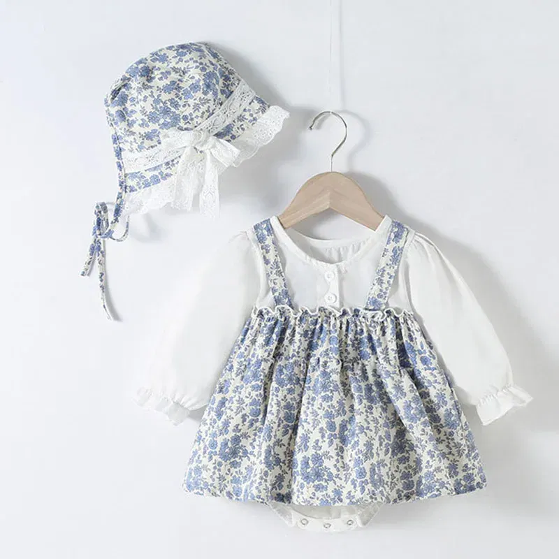 Color: Blue, Kid Size: 12M - Newborn Baby Girls Bodysuits+Hat Printing Stitching Cotton Long Sleeve Infant Baby Girls Jumpsuit Autumn Spring Baby Clothing