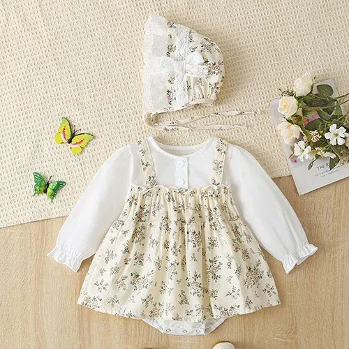 Color: Blue, Kid Size: 12M - Newborn Baby Girls Bodysuits+Hat Printing Stitching Cotton Long Sleeve Infant Baby Girls Jumpsuit Autumn Spring Baby Clothing