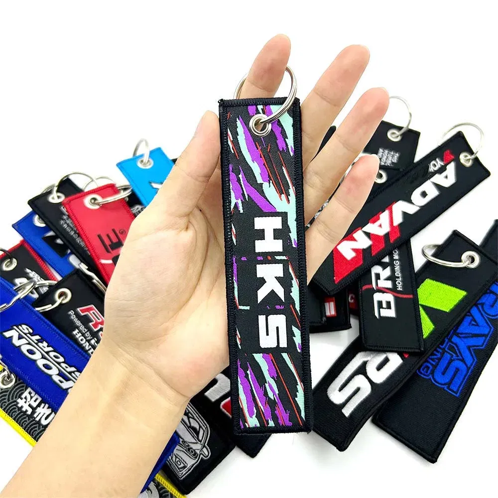 Color Name: Pink - JDM HKS Keychain Embroidered Woven Personality Fashion Cloth for Honda Key Chain Car Motorcycle Key Rings Key Holder Pendant Nos