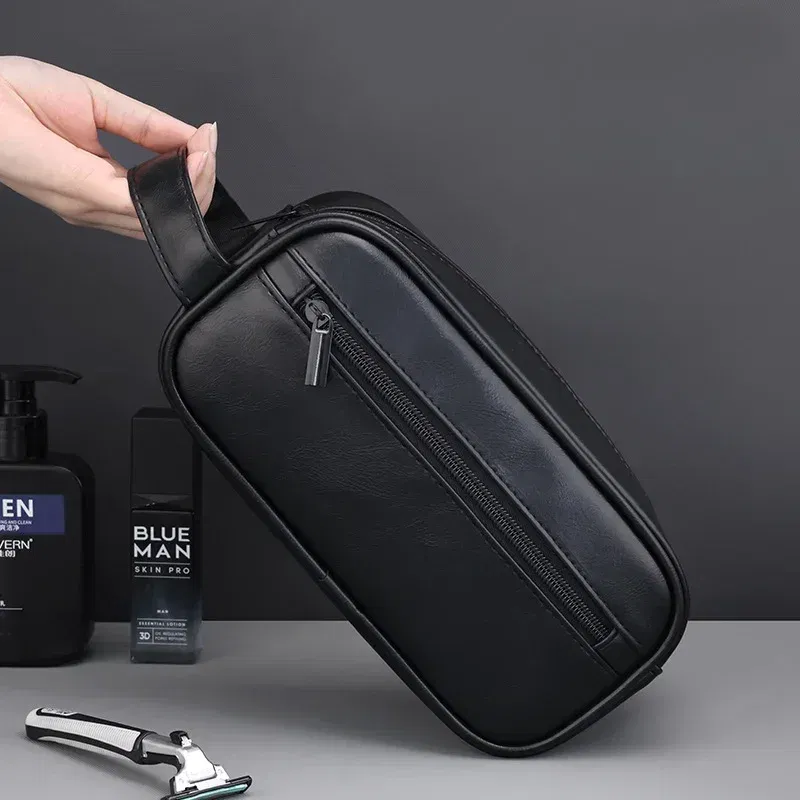 Color: Beige - Men Leather Wash Bag Travel Business Trips Portable Cosmetic Bag Large Capacity Multi Pocket Design Handheld Leather Wash Bag