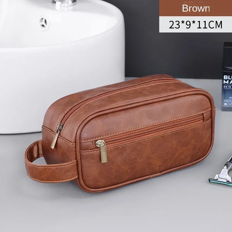 Color: Beige - Men Leather Wash Bag Travel Business Trips Portable Cosmetic Bag Large Capacity Multi Pocket Design Handheld Leather Wash Bag