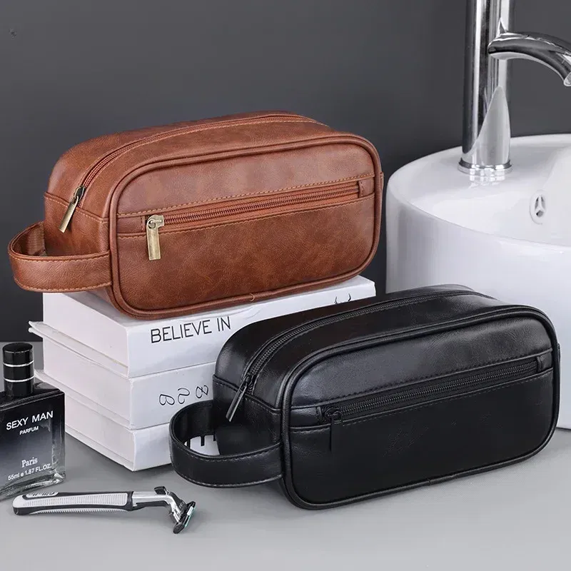 Color: Beige - Men Leather Wash Bag Travel Business Trips Portable Cosmetic Bag Large Capacity Multi Pocket Design Handheld Leather Wash Bag