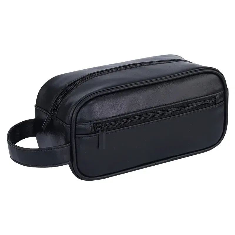 Color: Beige - Men Leather Wash Bag Travel Business Trips Portable Cosmetic Bag Large Capacity Multi Pocket Design Handheld Leather Wash Bag