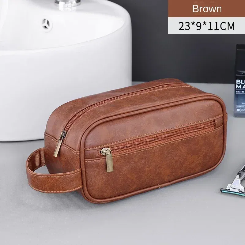 Color: Beige - Men Leather Wash Bag Travel Business Trips Portable Cosmetic Bag Large Capacity Multi Pocket Design Handheld Leather Wash Bag