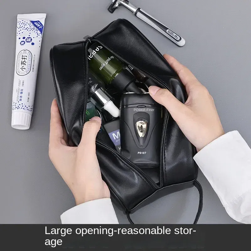 Color: Beige - Men Leather Wash Bag Travel Business Trips Portable Cosmetic Bag Large Capacity Multi Pocket Design Handheld Leather Wash Bag