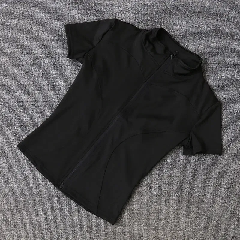 Color: black, Size: XL - Summer High Quality Waist Slimming Training Tops Women's Quick-drying Tight Stand Collar Full Zipper Short Sleeves Yoga shirts